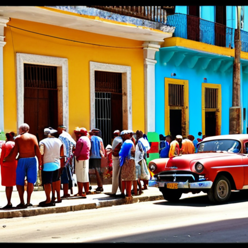 **A bustling Cuban street scene featuring a CADECA (Casa de Cambio) with a long queue of tourists and locals waiting to exchange currency. Show a mix of older, classic cars and people dressed in colorful clothing. The overall mood should be realistic but vibrant, capturing the energy of daily life in Cuba.**