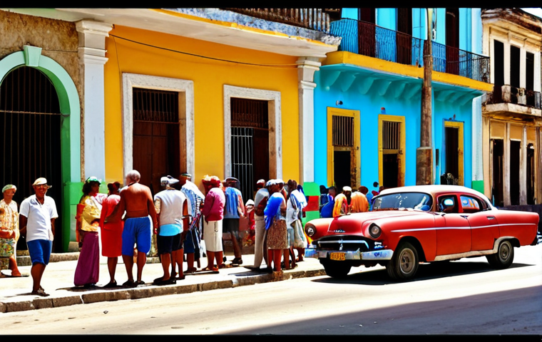 **A bustling Cuban street scene featuring a CADECA (Casa de Cambio) with a long queue of tourists and locals waiting to exchange currency. Show a mix of older, classic cars and people dressed in colorful clothing. The overall mood should be realistic but vibrant, capturing the energy of daily life in Cuba.**