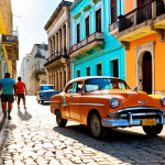 **

Vibrant street scene in Havana, Cuba. Classic cars line the cobblestone streets, with colorful colonial buildings in the background. A traveler with a small backpack and comfortable shoes is taking photos with a camera. The sun is shining, and the atmosphere is lively and full of culture. Focus on the feeling of discovery and excitement.

**