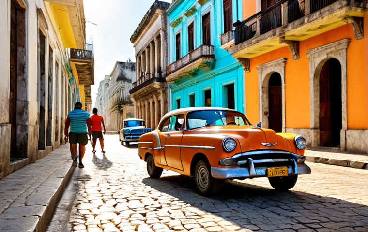 **

Vibrant street scene in Havana, Cuba. Classic cars line the cobblestone streets, with colorful colonial buildings in the background. A traveler with a small backpack and comfortable shoes is taking photos with a camera. The sun is shining, and the atmosphere is lively and full of culture. Focus on the feeling of discovery and excitement.

**