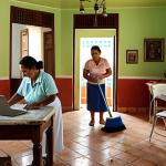 ** A Cuban home interior. A housekeeper is cleaning, using modern equipment, while a family member works on a laptop. This illustrates a comfortable balance of work and domestic help in Cuba.

**