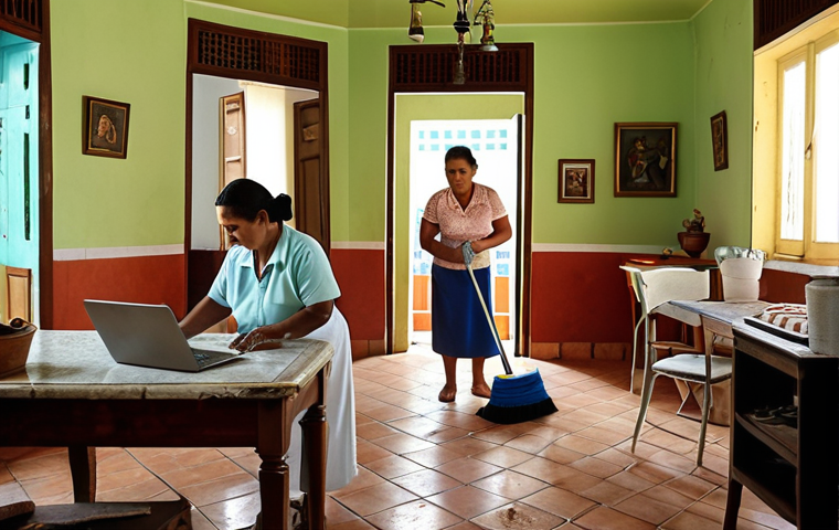 ** A Cuban home interior. A housekeeper is cleaning, using modern equipment, while a family member works on a laptop. This illustrates a comfortable balance of work and domestic help in Cuba.

**