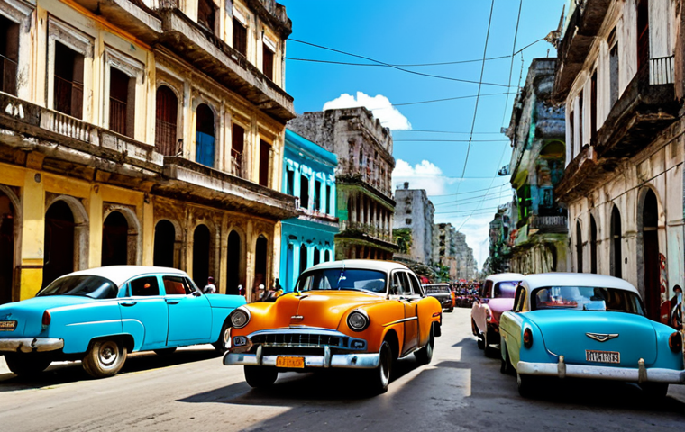 쿠바 물가 수준과 생활비 - Havana Street Scene**
"Vintage cars parked along a colorful Havana street, salsa music faintly in t...